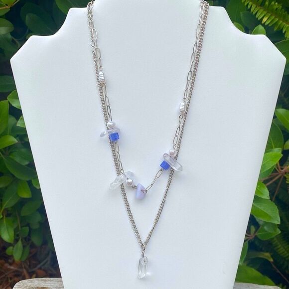 NWT New Two Urban Outfitters (OU) Silver & Blue Genuine Stone Necklaces - Picture 3 of 7